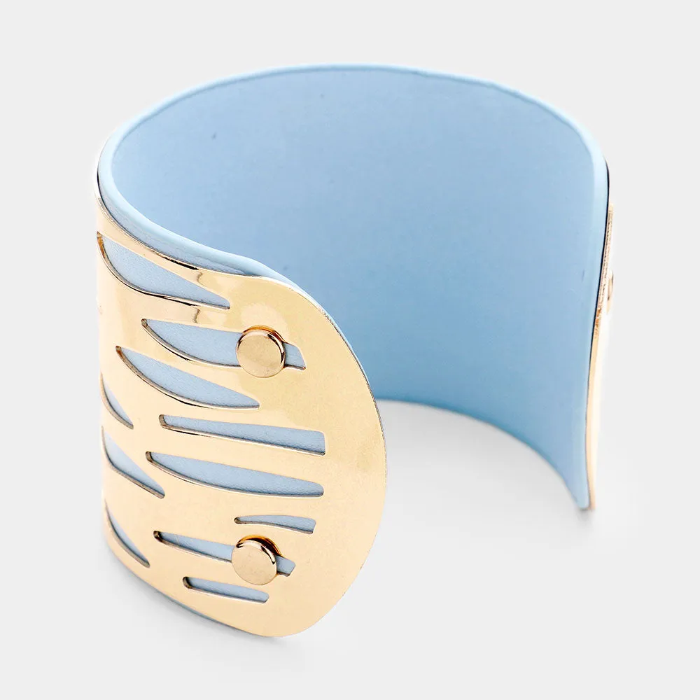 Vegan Leather Laser Cut Wave Filigree Cuff Bracelet Blue