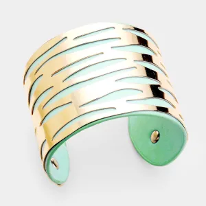 Vegan Leather Laser Cut Wave Filigree Cuff Bracelet Green
