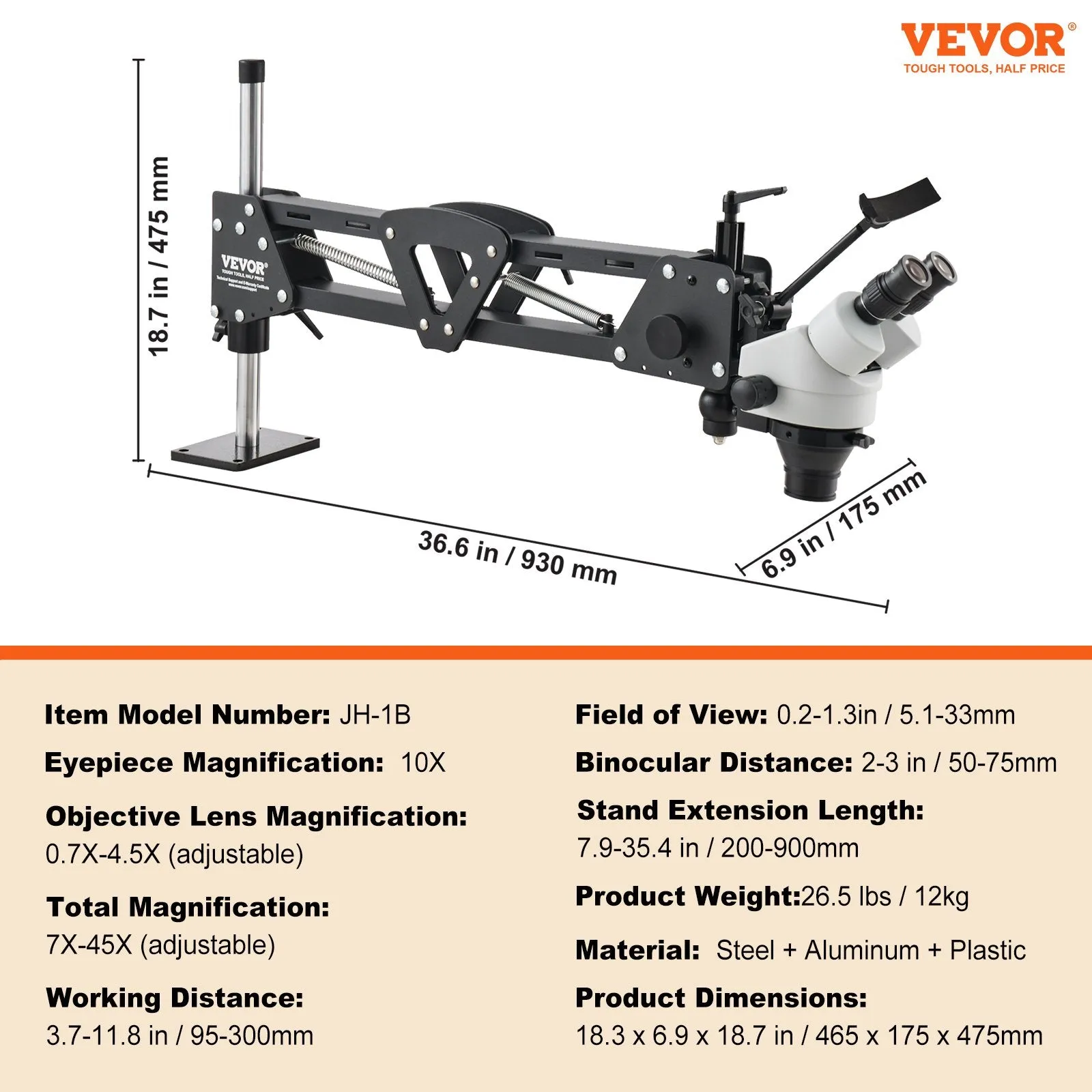 Vevor Multi-Directional Microscope with Ball Vise Spring Bracket Ring Light 7X-45X Magnification New