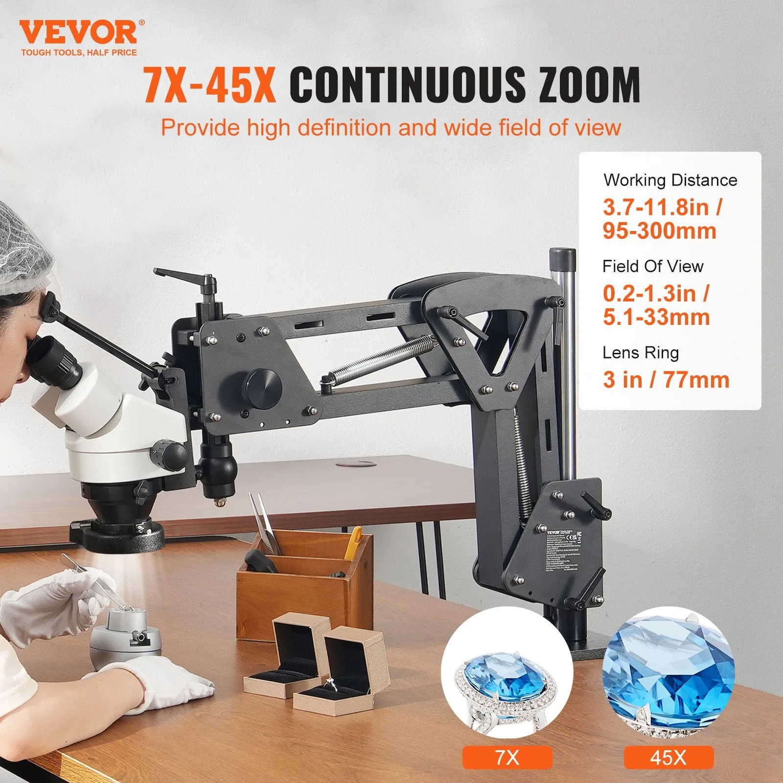 Vevor Multi-Directional Microscope with Ball Vise Spring Bracket Ring Light 7X-45X Magnification New