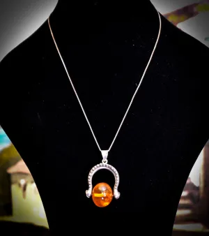 Victorian Horseshoe Amber "Spinner" Fob 925 Silver Pendant Necklace