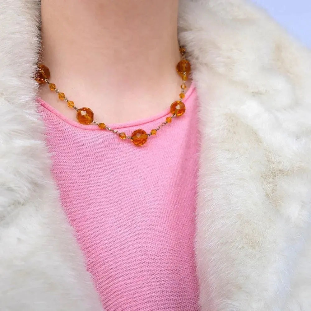 Vintage 1930's Amber Glass Rolled Gold Necklace