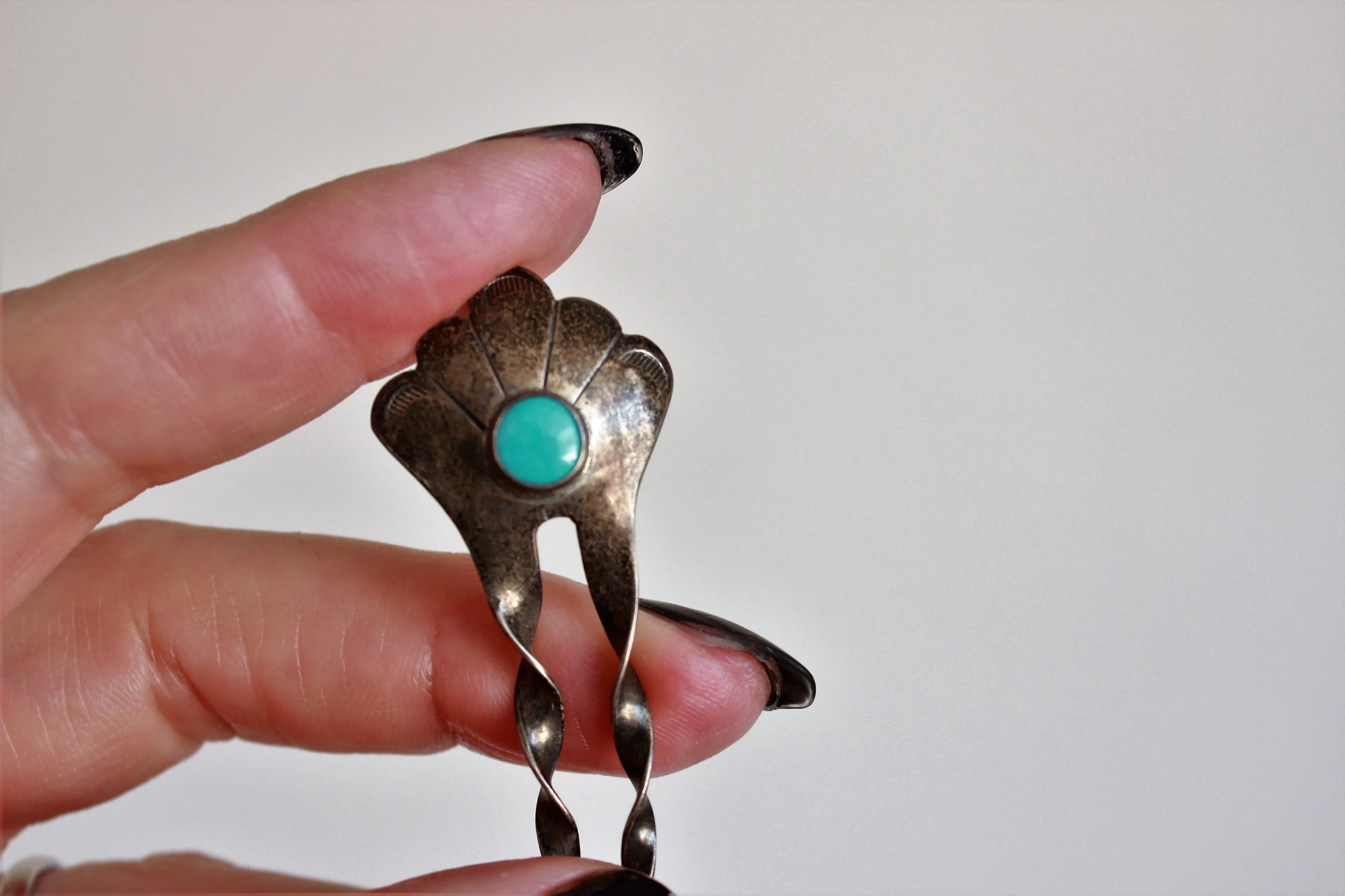 Vintage 1990s Native American Turquoise And Sterling Silver Hair Comb