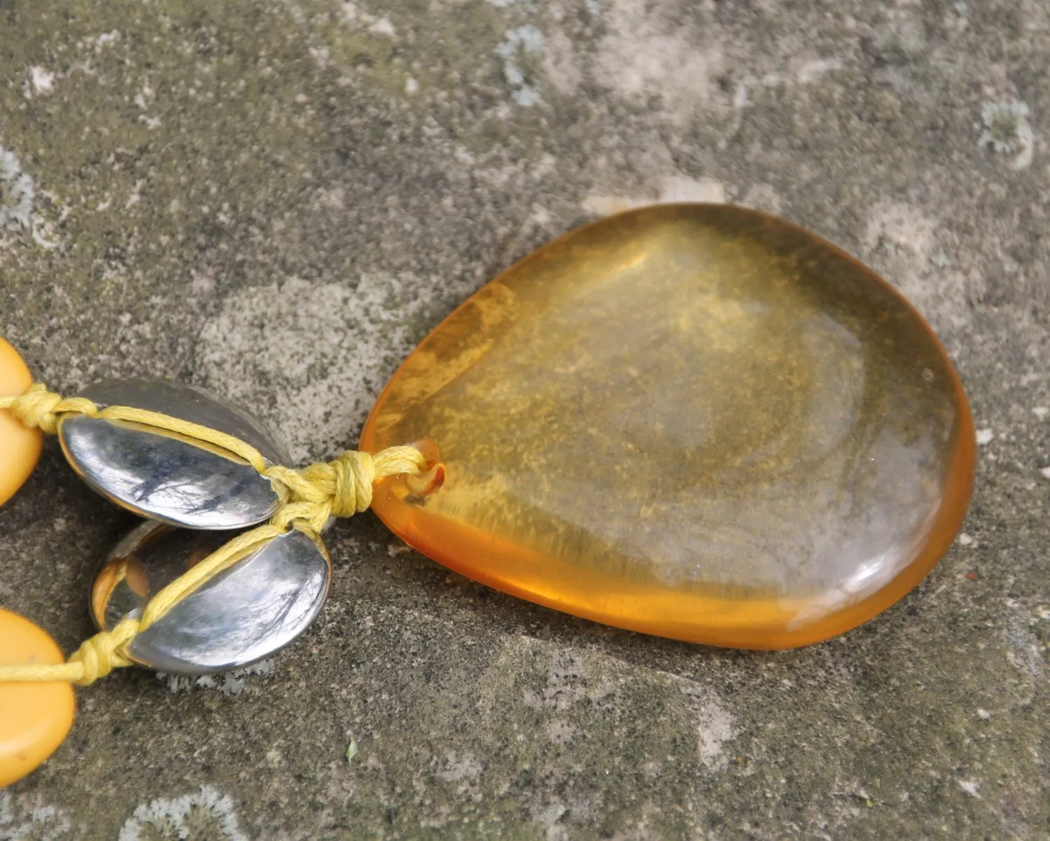 Vintage Amber Necklace with Teardrop Pendant and Yellow and Silver Beads. Boho Chic Jewelry. Hippie Accessory