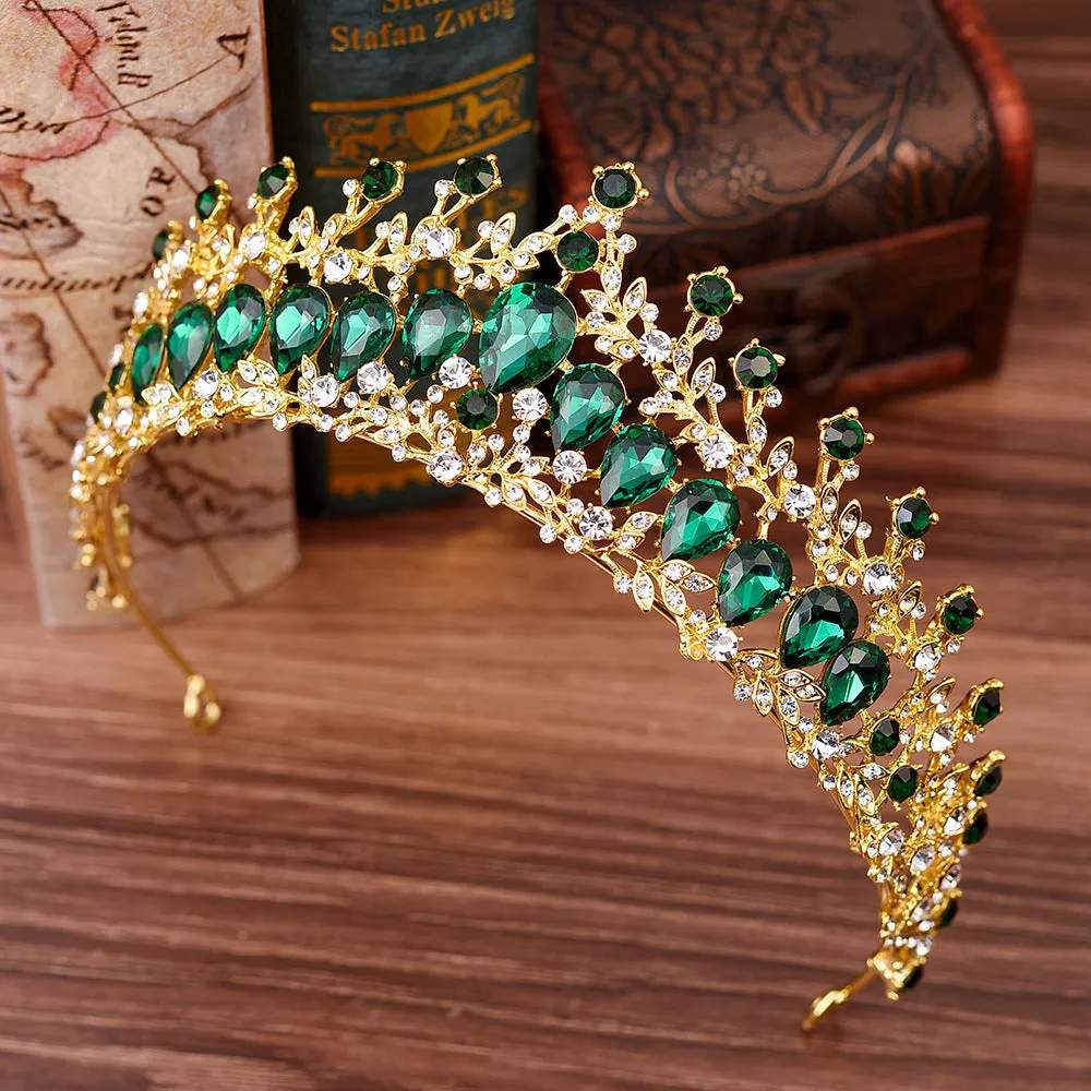 Vintage Bridal Wedding Tiara Crystal Gemstone Queen Crown for Emerald Green