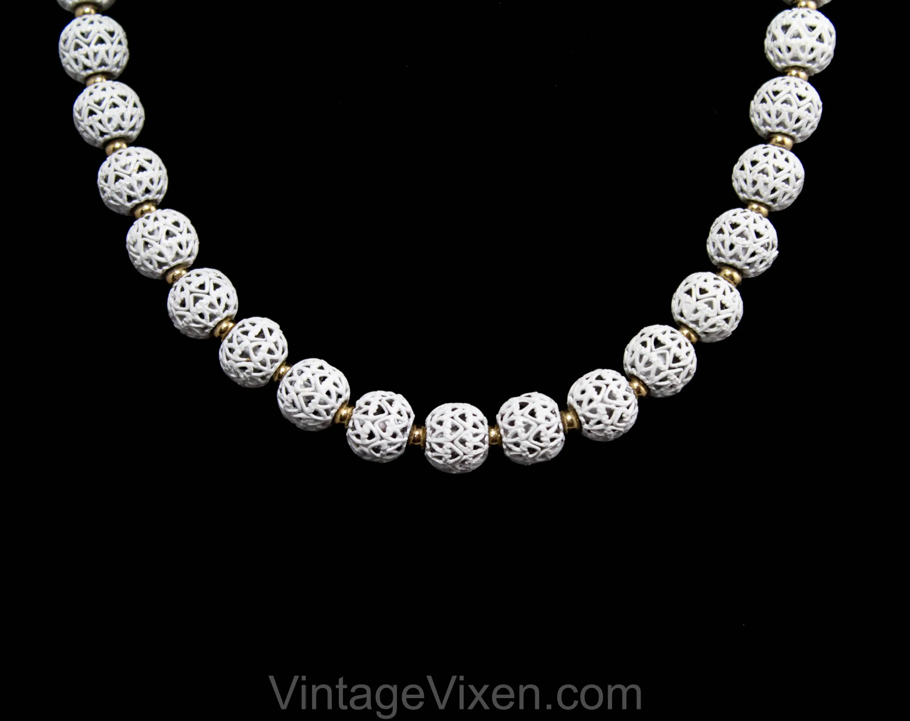 White Filigree Necklace - 60s Cage Style Enamel Beads - Spring & Summer 1960s Secretary Chic - Nice Quality - Garden Party Jewelry by Monet