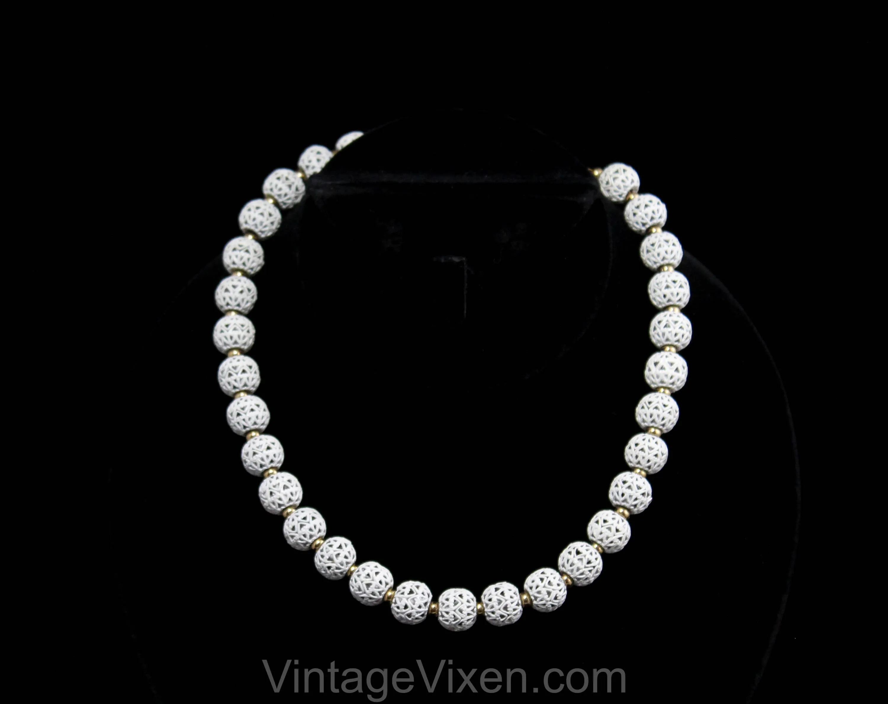 White Filigree Necklace - 60s Cage Style Enamel Beads - Spring & Summer 1960s Secretary Chic - Nice Quality - Garden Party Jewelry by Monet