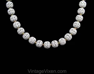 White Filigree Necklace - 60s Cage Style Enamel Beads - Spring & Summer 1960s Secretary Chic - Nice Quality - Garden Party Jewelry by Monet