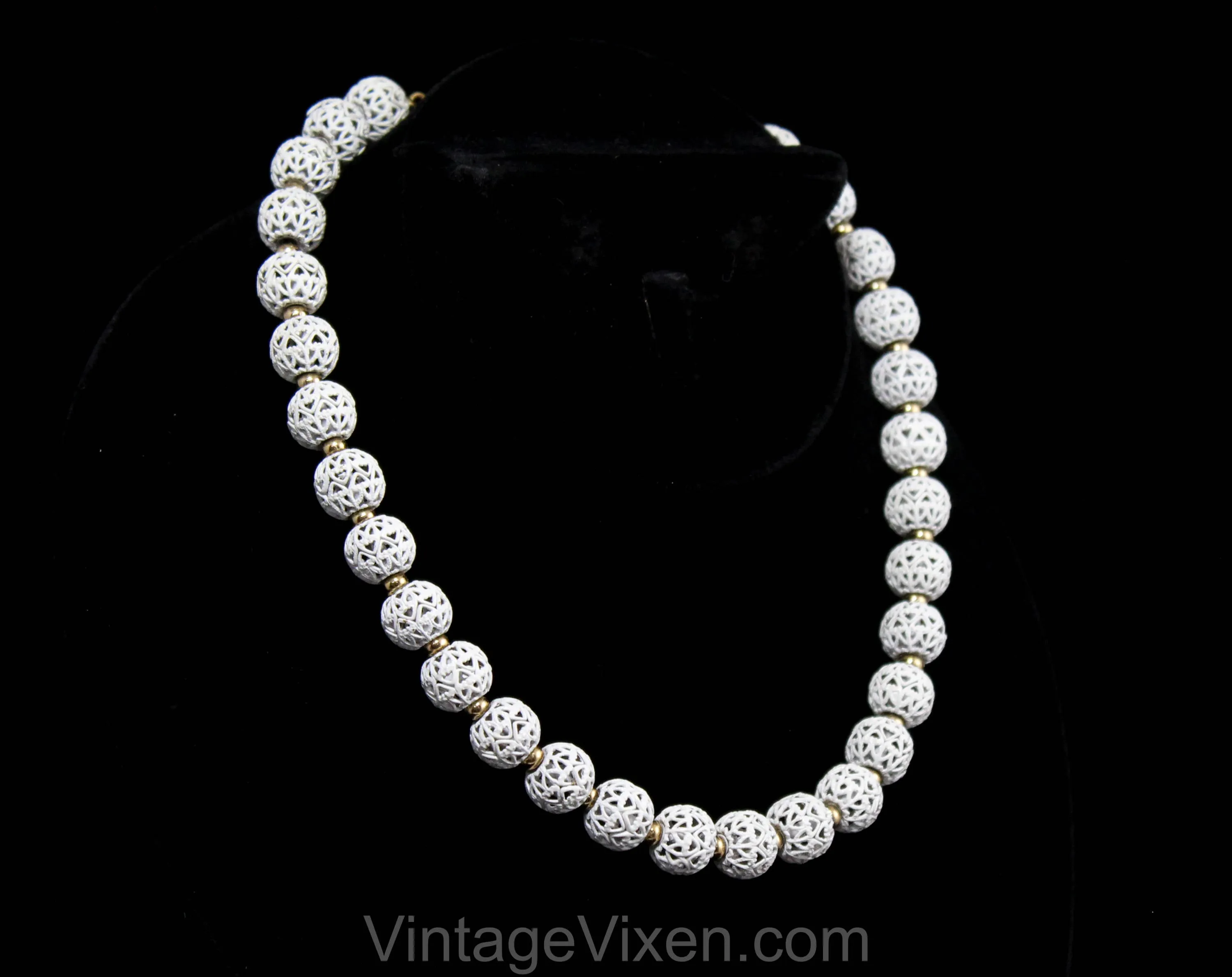 White Filigree Necklace - 60s Cage Style Enamel Beads - Spring & Summer 1960s Secretary Chic - Nice Quality - Garden Party Jewelry by Monet