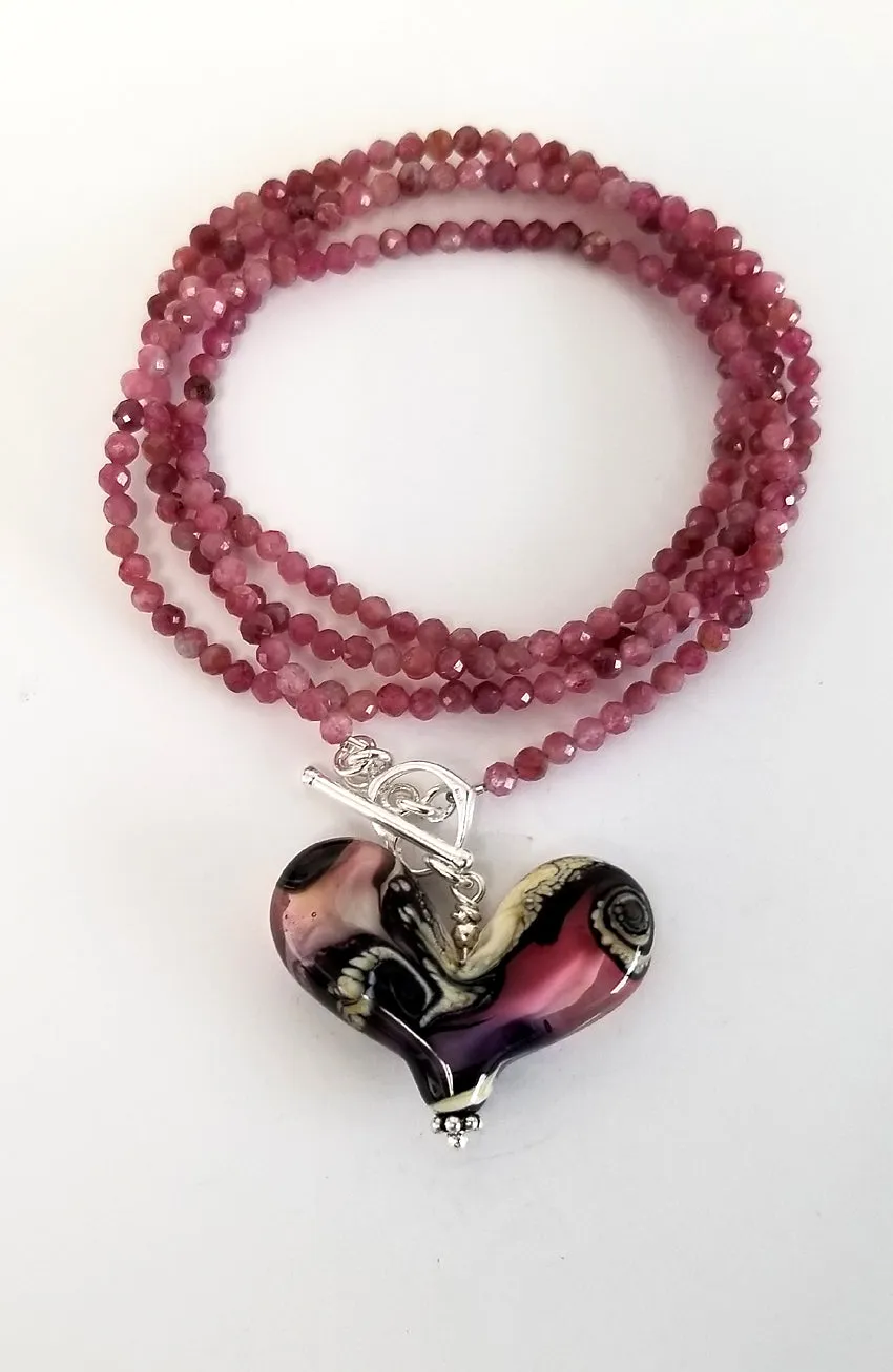 Worn Beadies Lampwork Heart with Pink Tourmaline